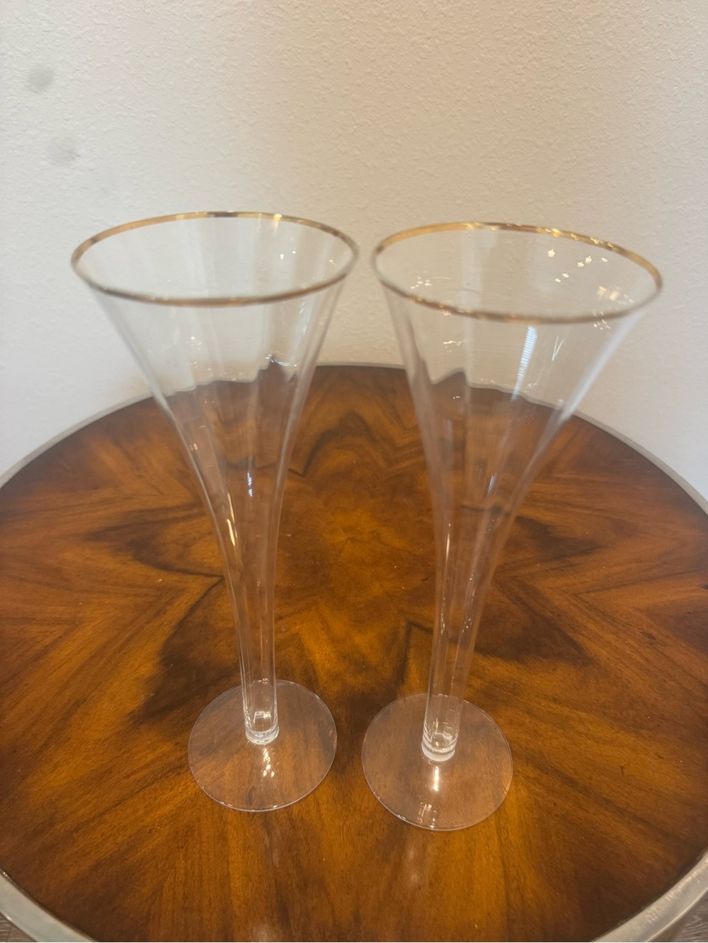 2 Block Crystal Hollow Stem “Celebration”  Gold Rim Champagne Flutes 10”